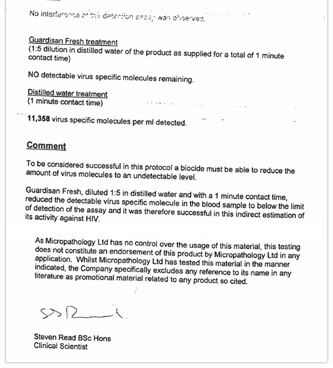 GUARDISAN FRESH Test Report by Micro pathology Lab, UK for Testing Hepatitis B, C & HIV Viruses